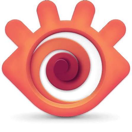 Un logo représentant un œil stylisé, de couleur orange et rouge, avec un motif en spirale au centre, ressemblant à un œil surmonté de trois points arrondis.