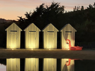 Cygne et cabines avec reflet