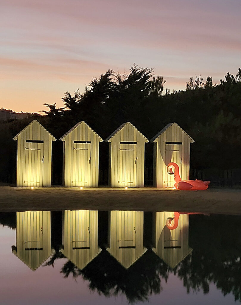 Cygne et cabines avec reflet