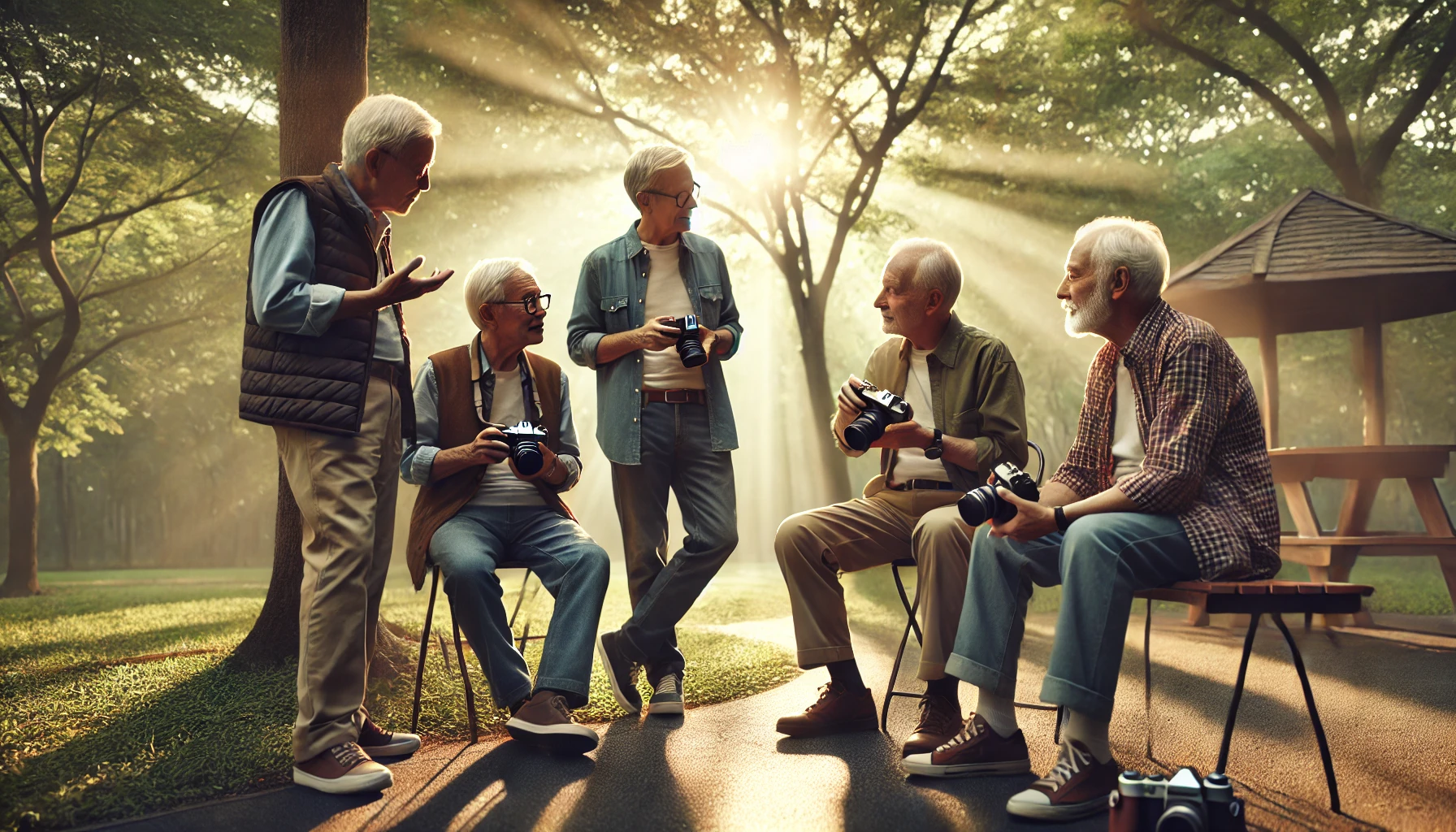 IA : Photographes âgés en groupe dans un parc