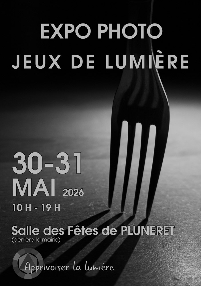 Affiche en noir et blanc pour une exposition de photos intitulée Expo Photo Jeux de Lumière avec une fourchette projetant une ombre dramatique. Dates de l'événement : 30-31 mai 2026, 10h-19h à la Salle des Fêtes de Pluneret.
