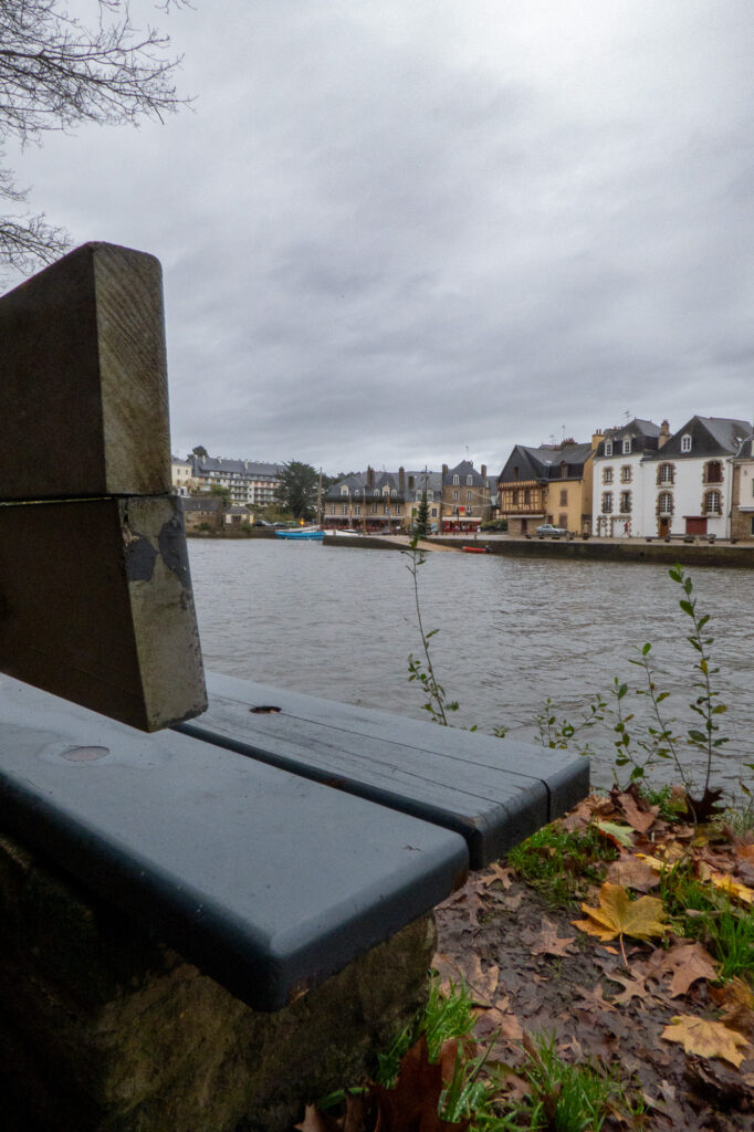 Gros plan sur un banc usé par les intempéries au bord d'une rivière, avec des feuilles mortes au sol ; de l'autre côté de l'eau, on aperçoit des maisons mitoyennes sous un ciel nuageux.