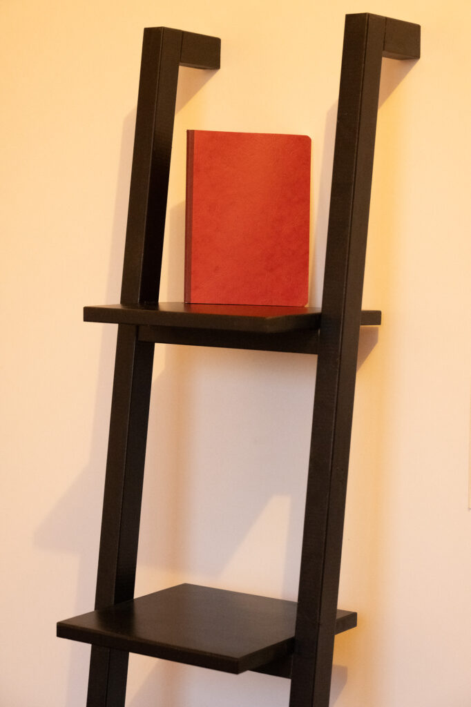 Une bibliothèque noire et moderne, de style « échelle », est adossée à un mur couleur crème. Un seul livre rouge est posé à la verticale sur l'étagère du milieu, tandis que les autres étagères sont vides.