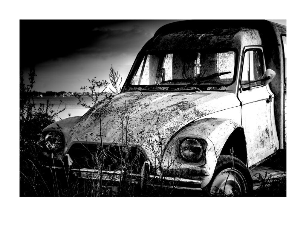 Image en noir et blanc d'une vieille voiture rouillée, abandonnée dans les hautes herbes au bord d'un plan d'eau ; on distingue au premier plan le pare-brise et le capot de la voiture, recouverts de crasse et de végétation.
