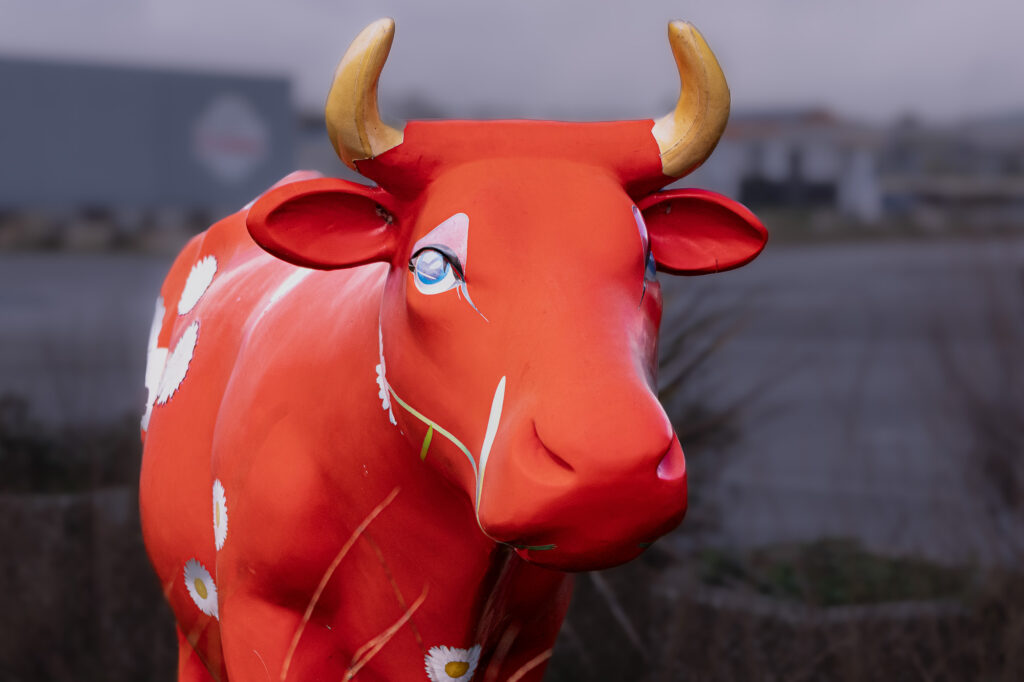 Une statue de vache peinte en rouge vif, avec des cornes jaunes, des yeux bleus et des motifs floraux blancs, se dresse à l'extérieur par une journée nuageuse.