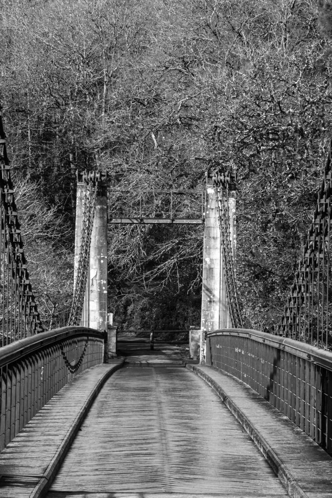 Photo en noir et blanc d'un pont suspendu doté de pylônes en pierre, vue depuis le centre de la passerelle, avec en arrière-plan des arbres dépouillés de leurs feuilles.