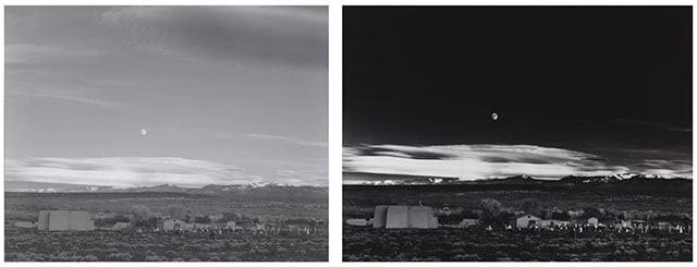 Deux versions d'une même photo de paysage : à gauche en niveaux de gris, à droite avec un contraste élevé. Les deux montrent des montagnes lointaines, des nuages et une lune éclatante au-dessus d'une petite ville aux bâtiments épars.